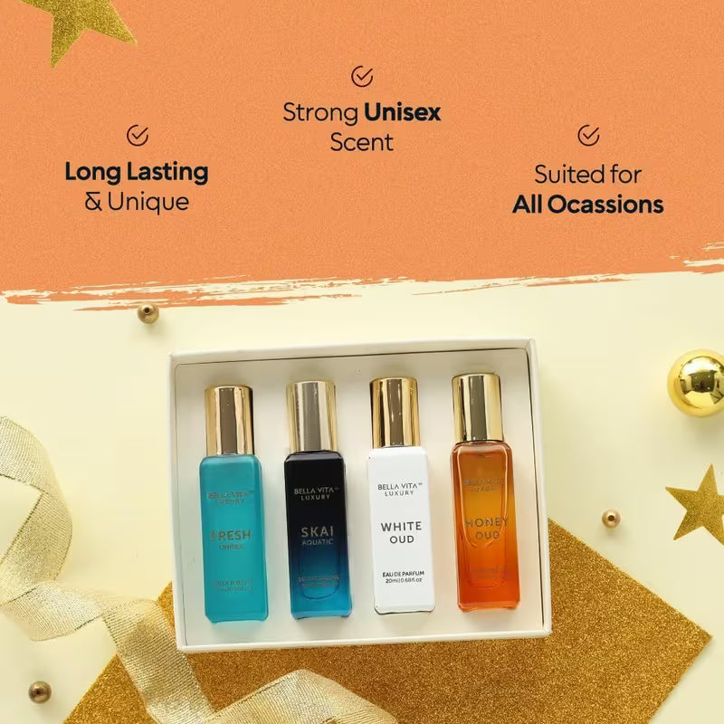 Beautiful Life Luxury Unisex Cologne Gift Set (4X20Ml) | Vanilla & Oud Fragrance Includes Honey OUD, SKAI, FRESH & White OUD | Mini Perfumes & Spicy Vanilla Perfume Oil | Travel Size Edition Perfume, Christmas Gifts