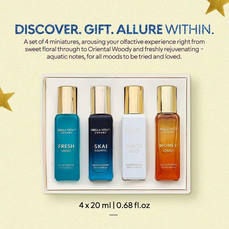 Beautiful Life Luxury Unisex Cologne Gift Set (4X20Ml) | Vanilla & Oud Fragrance Includes Honey OUD, SKAI, FRESH & White OUD | Mini Perfumes & Spicy Vanilla Perfume Oil | Travel Size Edition Perfume, Christmas Gifts